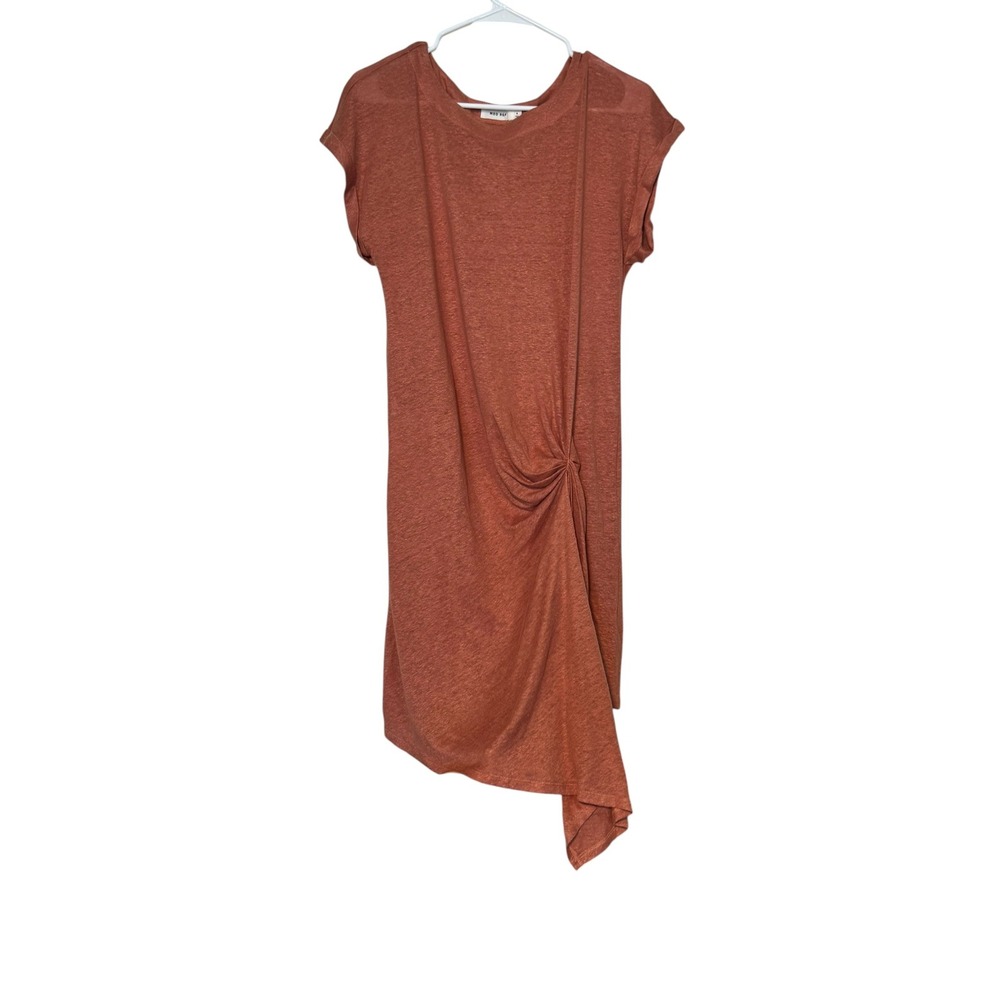 MOD REF Rust Orange 100% Linen Side Knot Asymmetrical Draped Midi Dress Casual